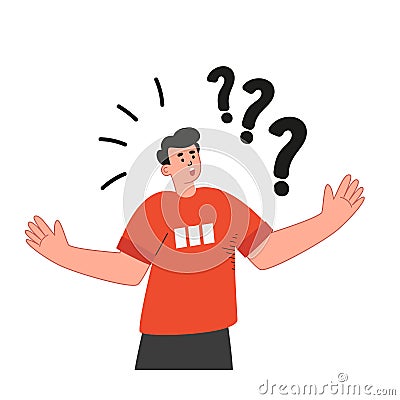 The confused man shrugs and spreads his hands. No answer to the question. Cartoon vector illustration. Vector Illustration